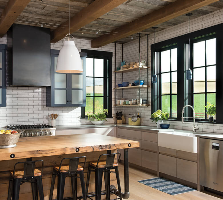 Rustic Modern Kitchen Features Black Windows with Grilles